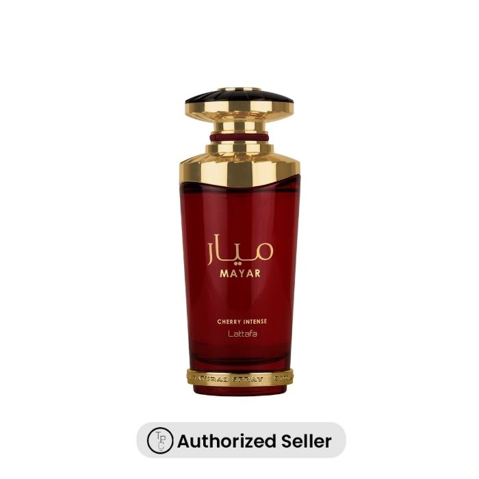Lattafa Mayar Cherry Intense 100ml perfume bottle featuring a rich fruity and floral fragrance profile for a sweet, elegant scent experience 
